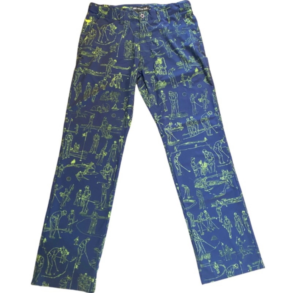 Travis Mathew Golf Pants Mens 34 Blue Neon Green‎ Excellent Golfer Sketch Print - Picture 2 of 7
